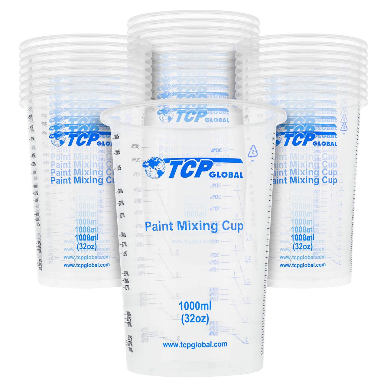 32 oz. (1000ml) Graduated Plastic Mixing Cups (Box of 25) - Disposable Plastic Measuring Cups for Liquids, Paints, Resin, Epoxy, Art, Kitchen - Ratios 2-1, 3-1, 4-1 ML